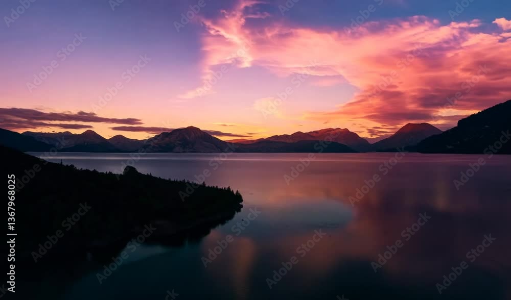 The sun is setting over the water with mountains in the background The sun is setting over the water with mountains in the background