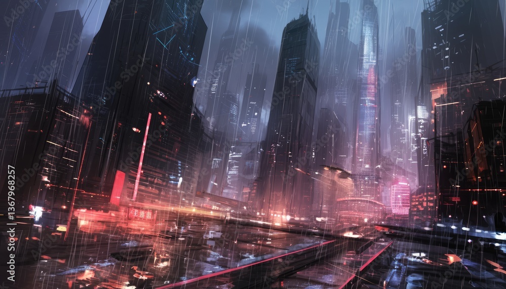 Fototapeta premium A futuristic metropolis scene under a stormy and heavy rainfall