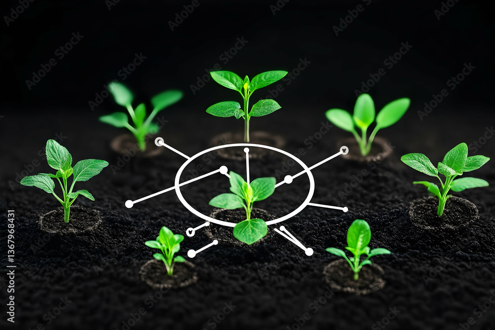 Naklejka premium Young plants interconnected, growing in dark soil, representing growth, network, and connection
