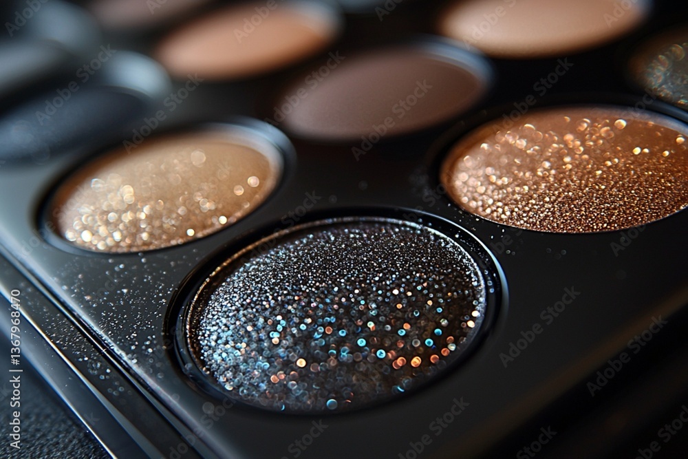 Close-up of a brown eyeshadow palette with shimmering shades, highlighting texture and color variety Close-up of a brown eyeshadow palette with shimmering shades, highlighting texture and color variety