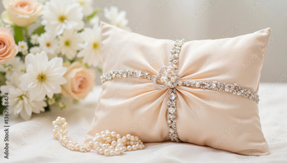 Elegant ring pillow adorned with pearls and flowers in soft hues Elegant ring pillow adorned with pearls and flowers in soft hues