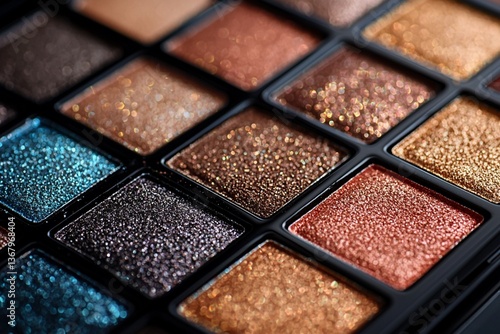 Close-up of a brown eyeshadow palette with shimmering shades, highlighting texture and color variety