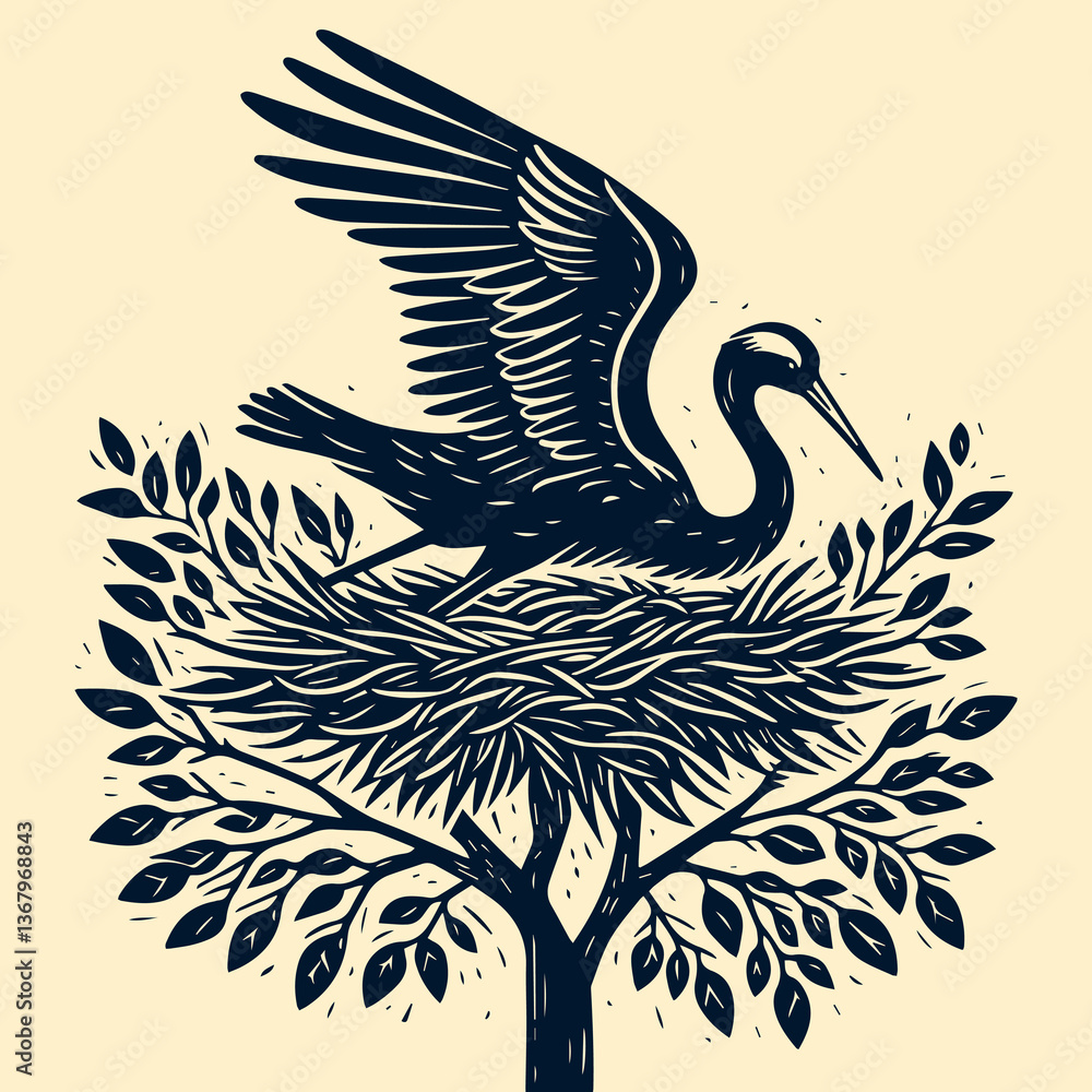 Fototapeta premium Crane in Nest Tree Illustration. Artistic vector image of a crane nesting in a tree, suitable for logos, emblems, or environmental projects.