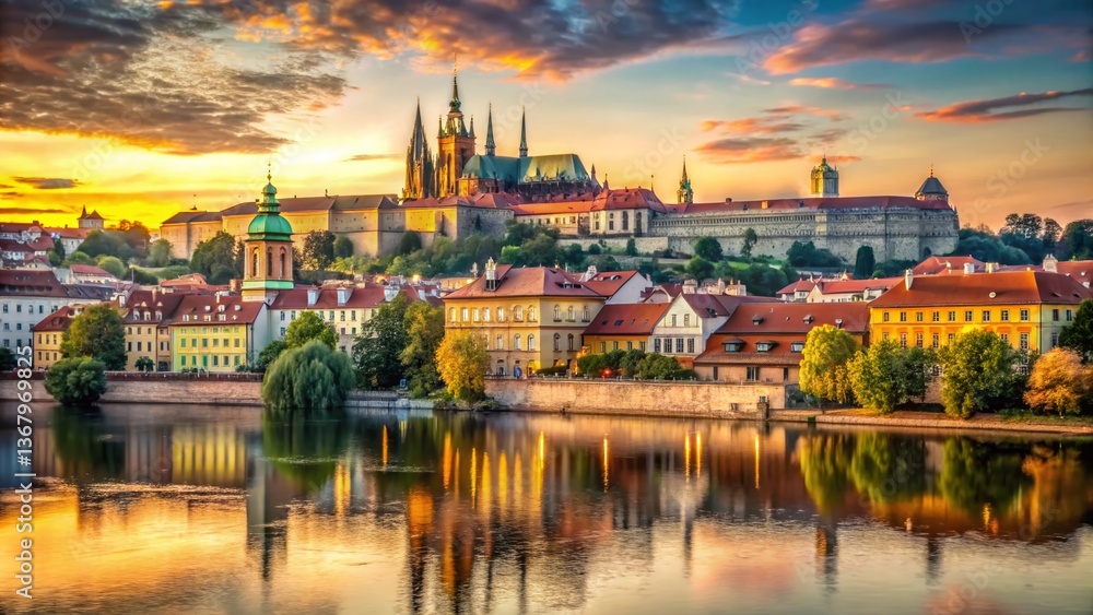 Fototapeta premium Prague Castle Sunset Panorama, Czech Republic - Golden Hour Cityscape