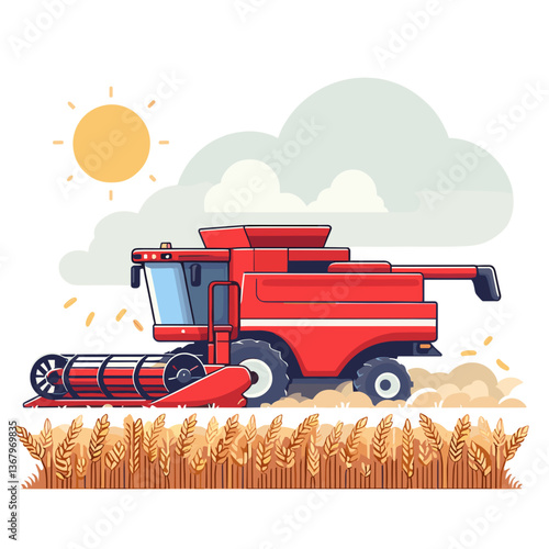 Red combine harvester working in wheat field under sunny sky. Ideal for agricultural industry illustrations, farming equipment catalogs, and harvest season content.