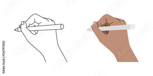 Isolated of a human right hand holding a pencil in line drawing and flat vector style.