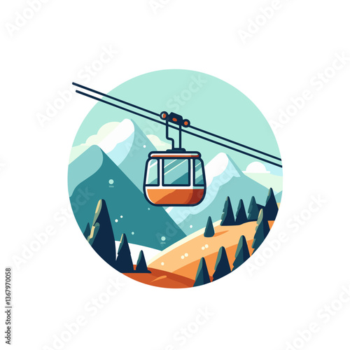 Cable car over mountain landscape in circular frame. Ideal for winter tourism promotions, ski resort marketing, and mountain adventure illustrations.
