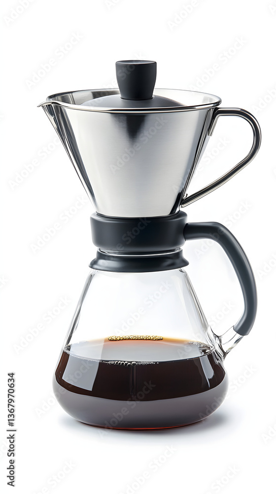Polished stainless steel coffee brewing device with glass container filled with freshly brewed coffee against a clean white background with copy space Polished stainless steel coffee brewing device with glass container filled with freshly brewed coffee against a clean white background with copy space
