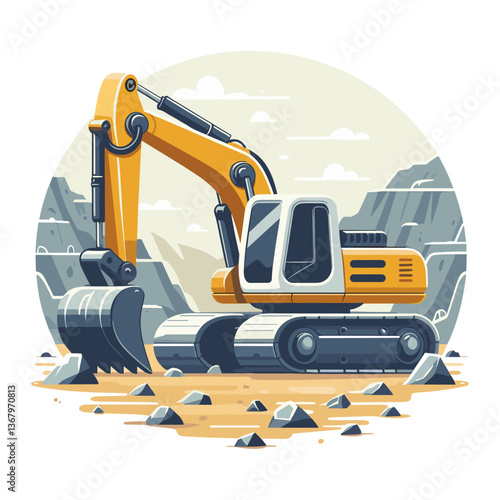 Vector illustration of yellow excavator working in quarry with mountain backdrop. Ideal for construction companies, heavy machinery rentals and mining operations.