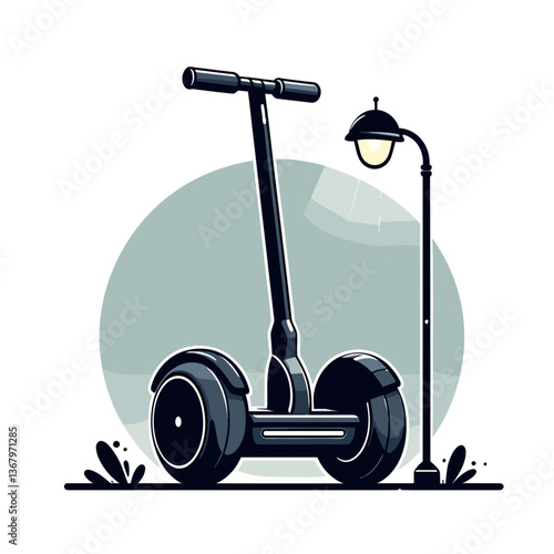 Vector illustration of electric segway scooter with street lamp against gray circle. Ideal for urban mobility solutions, modern transportation and city tour services.