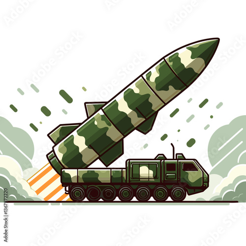 Vector illustration of military missile launcher vehicle in camouflage. Ideal for defense technology articles and military strategy content.