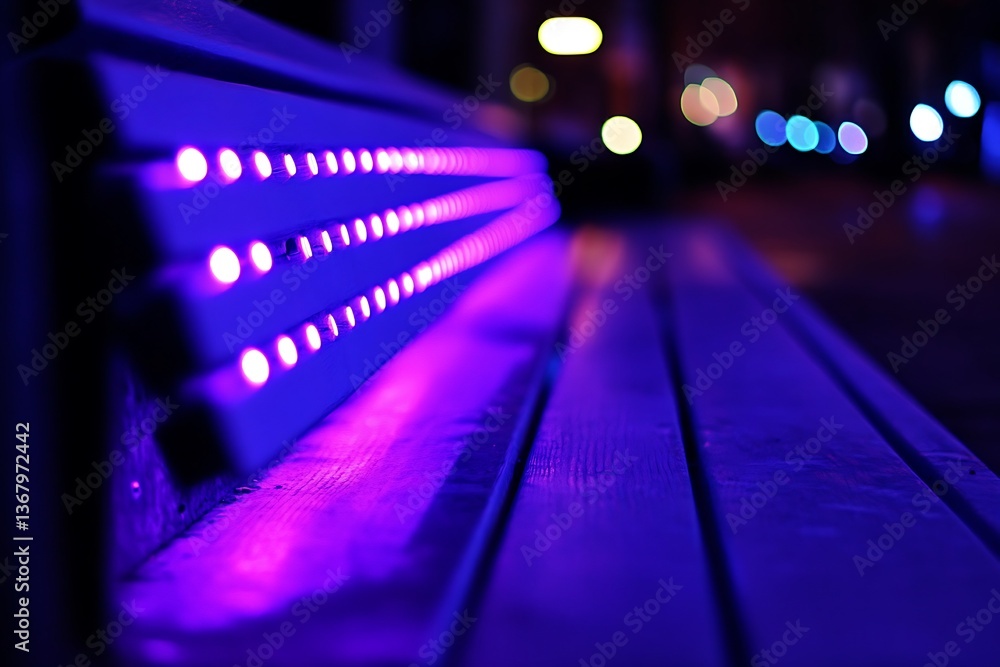Illuminated Nighttime Park Bench with LED Lights. The vibrant purple glow creates a captivating urban scene. Illuminated Nighttime Park Bench with LED Lights. The vibrant purple glow creates a captivating urban scene.