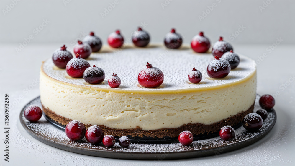 Classic vanilla cheesecake topped with cranberries and powdered sugar festive Christmas dessert elegant bakery sweet winter treat holiday food gourmet creamy rich decoration Classic vanilla cheesecake topped with cranberries and powdered sugar festive Christmas dessert elegant bakery sweet winter treat holiday food gourmet creamy rich decoration