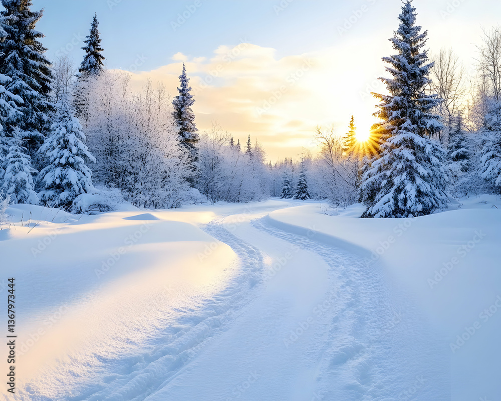 Winter path curving through snow-covered trees at sunset Winter path curving through snow-covered trees at sunset