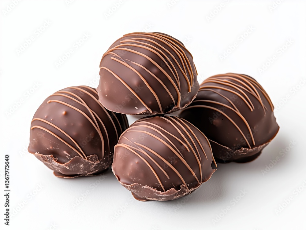 Fototapeta premium Stack of four chocolate truffles with decorative drizzle, isolated on white background, close-up of gourmet confections