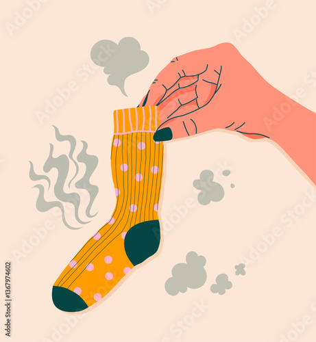 Hand holding smelly sock. Dirty stinky sock, sweaty used clothes with bad smell. Cartoon vector illustration.