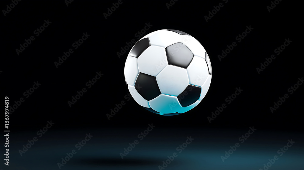 Fototapeta premium realistic soccer ball floating against dark background, showcasing its classic black and white pattern, evokes sense