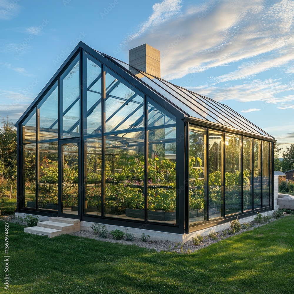 Fototapeta premium Modern greenhouse garden sunset landscape