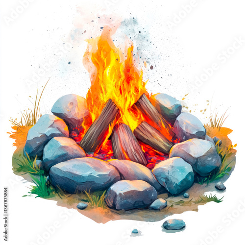 Ember-filled campfire surrounded by smooth stones radiating warmth on a bright backdrop illustrated in vibrant watercolor style