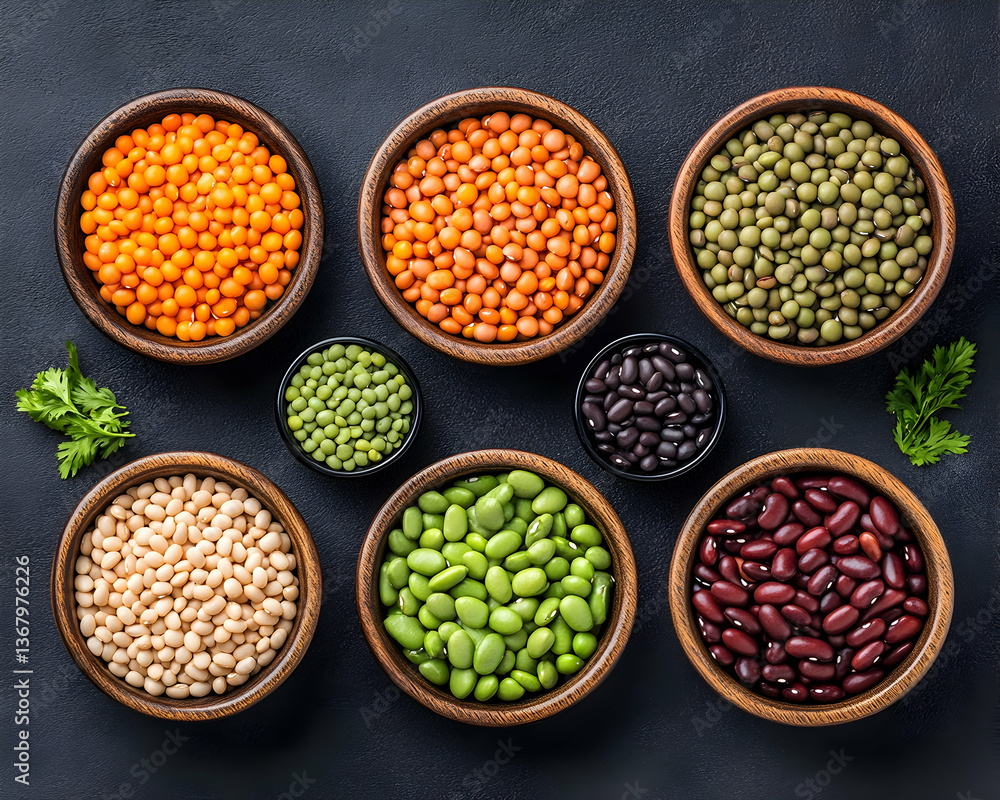 Assorted legumes in wooden bowls on dark background (1) Assorted legumes in wooden bowls on dark background (1)