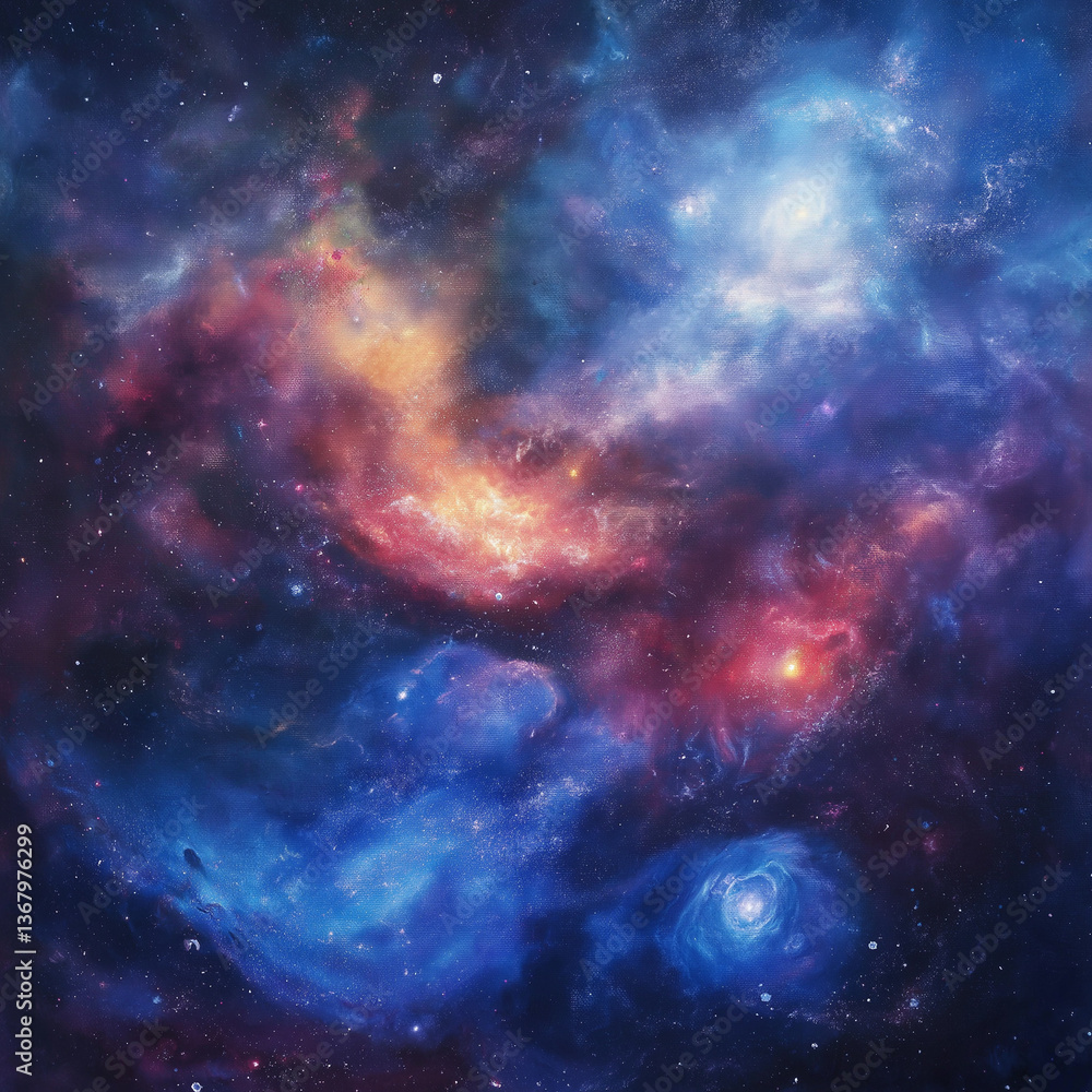 Fototapeta premium A cosmic sky blending deep blues, purples, and reds, filled with swirling galaxies and distant nebulae