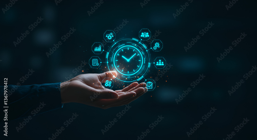 Fototapeta premium Hand Holding Glowing Digital Clock with Task Icons on Dark Background