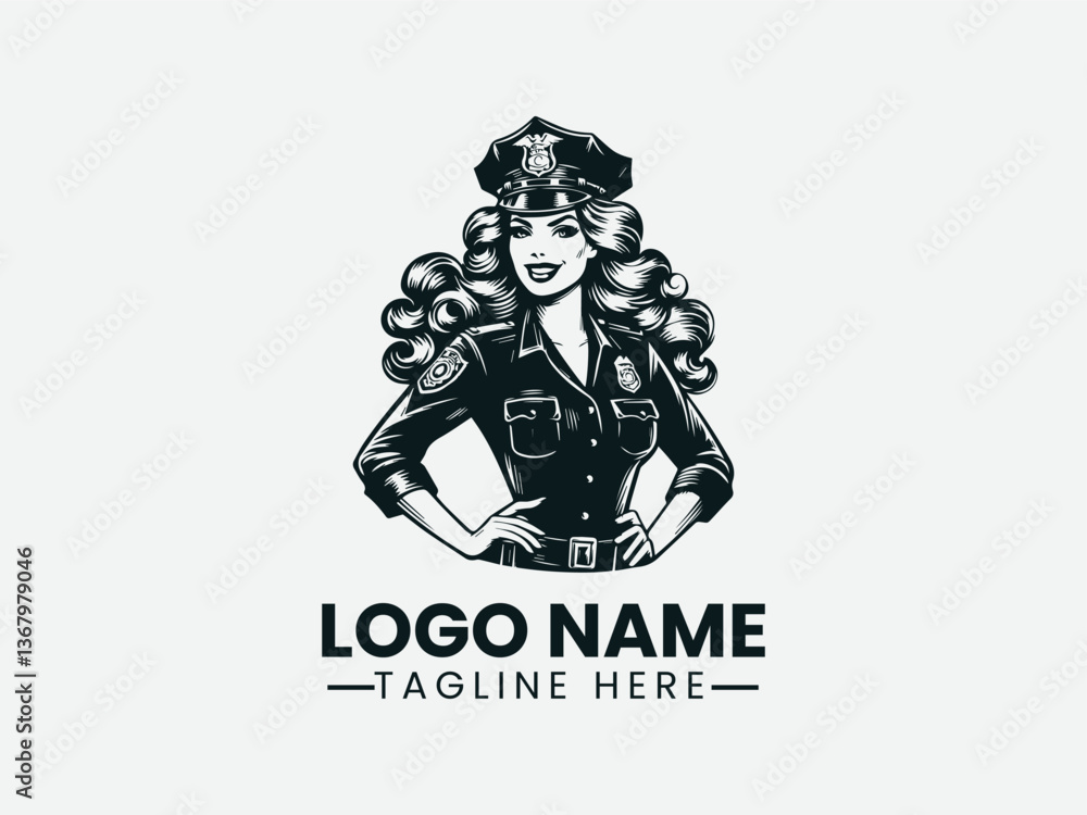 Fototapeta premium Cheerful Woman Police Classic Uniform Confident Pose Logo Design