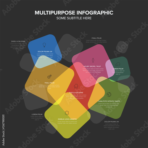 A multipurpose dark infographic with overlapping colorful shapes including orange, green, and blue squares. It features minimal icons, placeholder text, and a clean, professional layout.