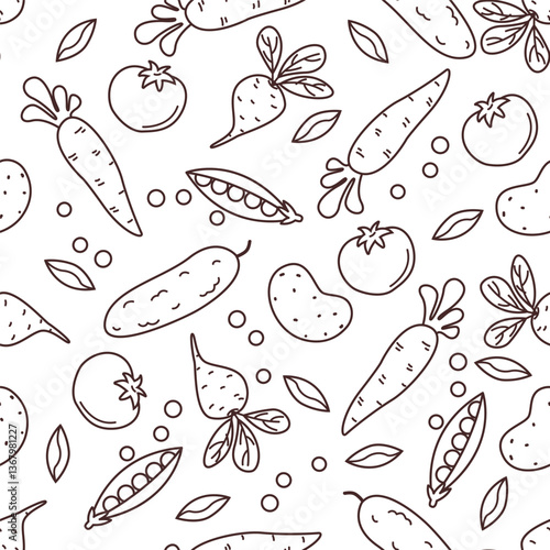 Vector seamless pattern with hand-drawn garden vegetables in doodle style. Background print with tomatoes, cucumbers, carrots, potatoes, peas and beets. Useful ingredients for healthy food
