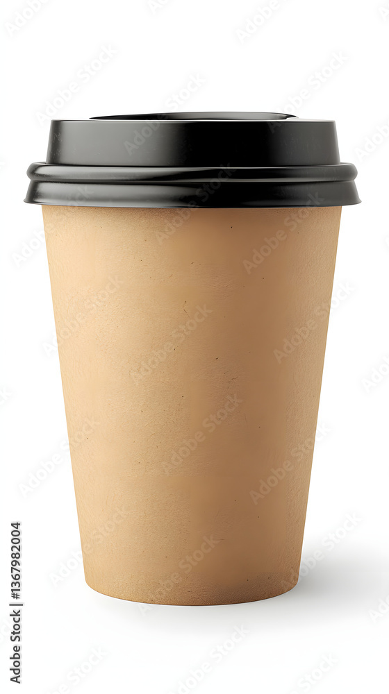Realistic Eco-Friendly Brown Paper Coffee Cup with Black Lid on Clean White Background Providing Ample Copy Space for Your Design Needs and Projects Realistic Eco-Friendly Brown Paper Coffee Cup with Black Lid on Clean White Background Providing Ample Copy Space for Your Design Needs and Projects