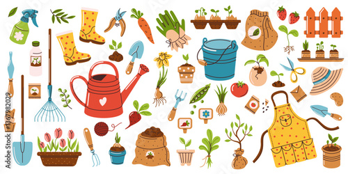 A large vector set of garden tools. Tools for growing, planting, transplanting, watering, and caring for garden and indoor plants. Design elements in a cartoon flat style on a white background
