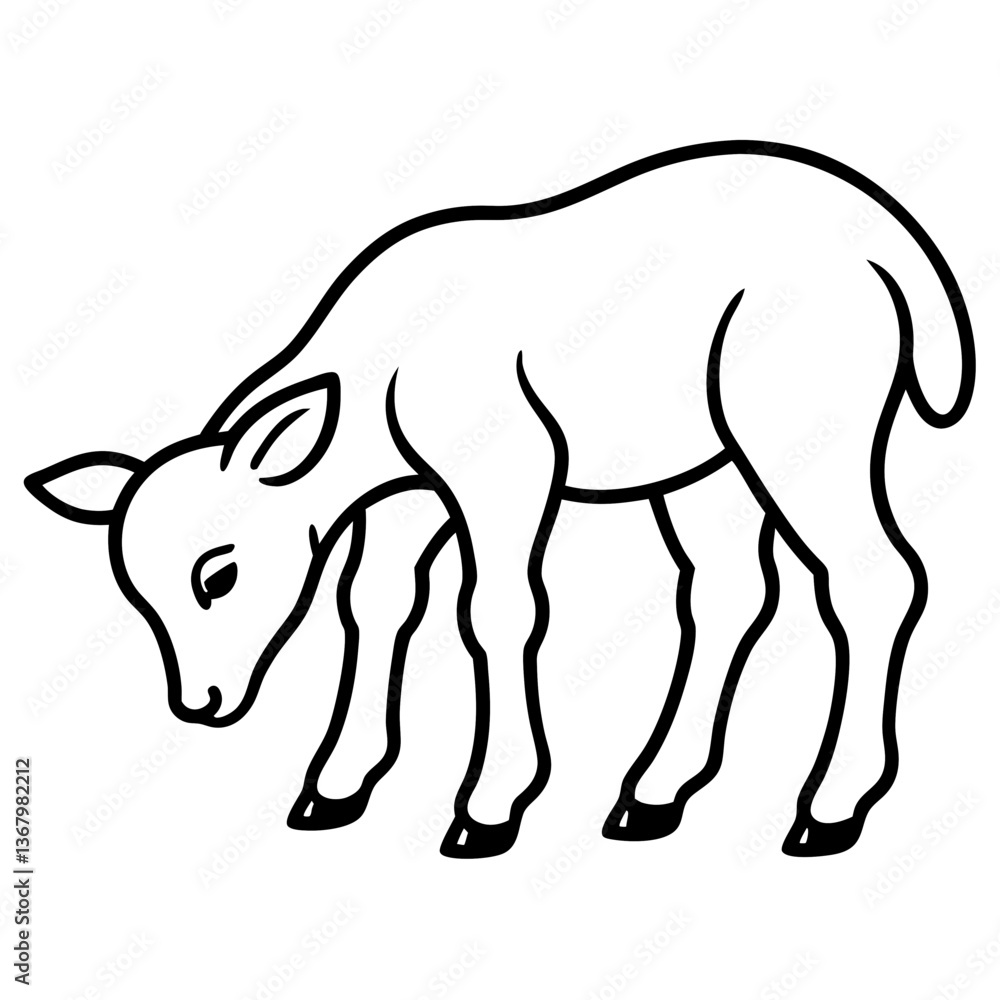 Line art vector silhouette of a small baby cow grazing in a field, representing spring Line art vector silhouette of a small baby cow grazing in a field, representing spring