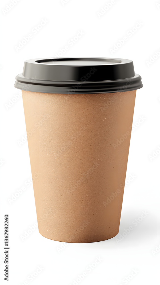 Realistic eco-friendly brown paper coffee cup with dark gray lid on clean white background providing ample copy space for text or ing purposes Realistic eco-friendly brown paper coffee cup with dark gray lid on clean white background providing ample copy space for text or ing purposes