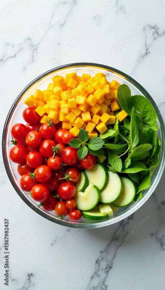 Assortment of mixed salad ingredients in clear glass bowl on marble background, ingredients, mix, raw Assortment of mixed salad ingredients in clear glass bowl on marble background, ingredients, mix, raw