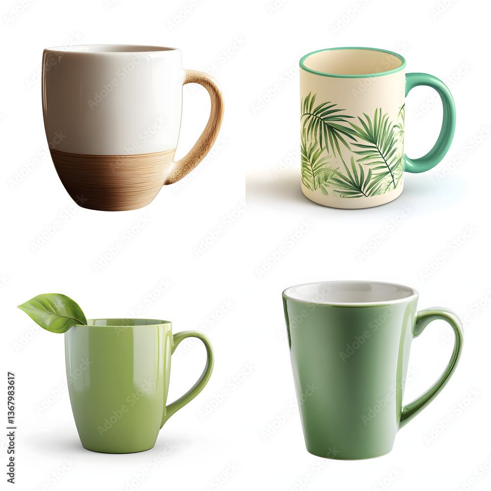 Eco-Friendly Mugs Collection with Diverse Designs Including Two-Toned and Tropical Leaf Patterns Featu Solid Green Colors and Ample Copy Space Available Eco-Friendly Mugs Collection with Diverse Designs Including Two-Toned and Tropical Leaf Patterns Featu Solid Green Colors and Ample Copy Space Available