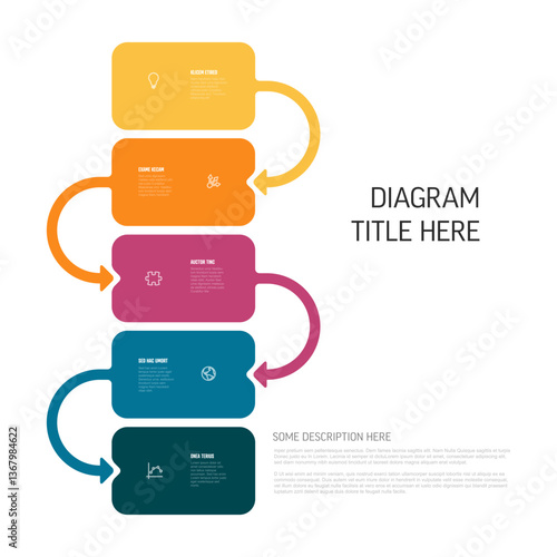 A vibrant infographic diagram featuring five stacked steps in different colors, connected by curved arrows. Perfect for illustrating processes, workflows, or step-by-step instructions.