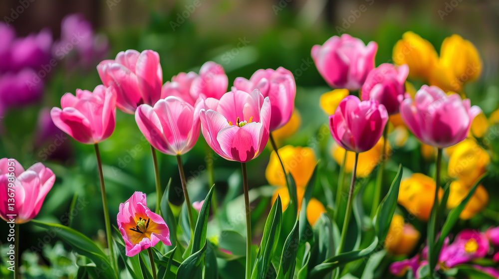 Vibrant tulips in pink and yellow blooming in a sunny garden Vibrant tulips in pink and yellow blooming in a sunny garden