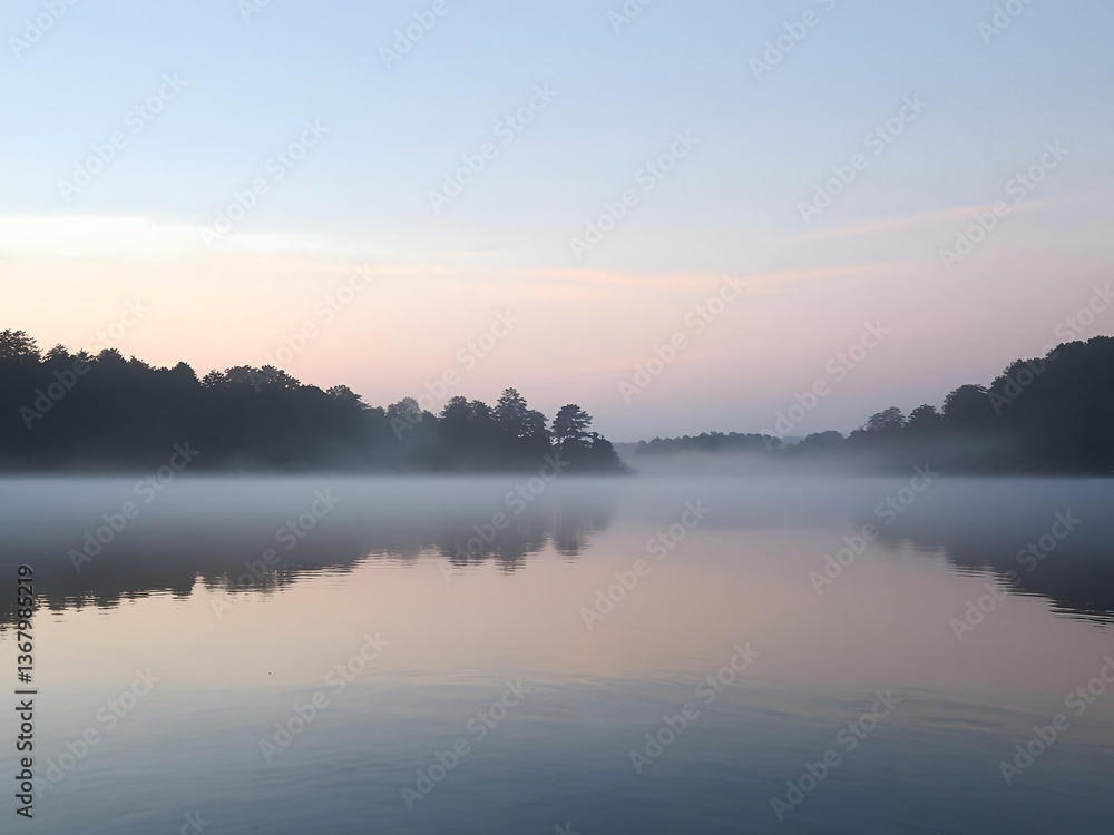 Obraz premium Serene Lake Landscape with Misty Morning Atmosphere and Reflective Waters
