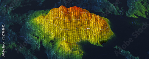 Visualization terrain using gradient topographic grid. Relief analysis for flood modeling, land-use planning, or ecological studies. 3d illustration