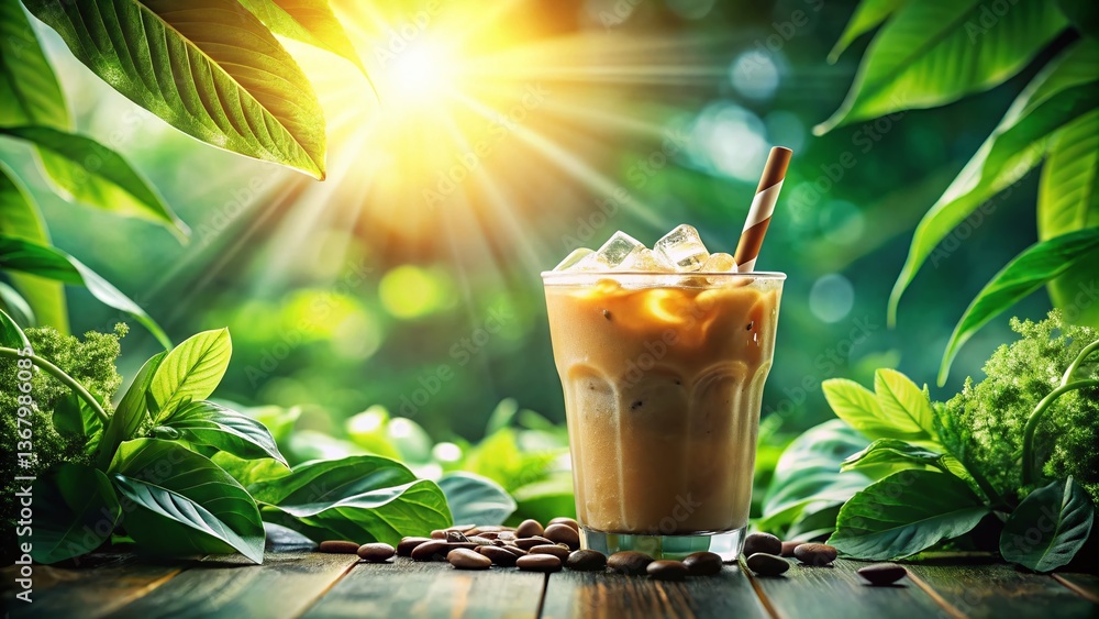 Refreshing Iced Coffee Double Exposure Stock Photo: Sunlit Leaves & Cool Drink Refreshing Iced Coffee Double Exposure Stock Photo: Sunlit Leaves & Cool Drink