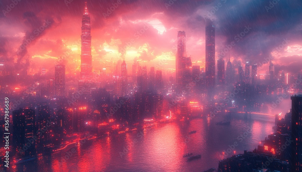 Fototapeta premium A Vibrant Metropolis Illuminated Underneath a Dramatic Crimson Sky