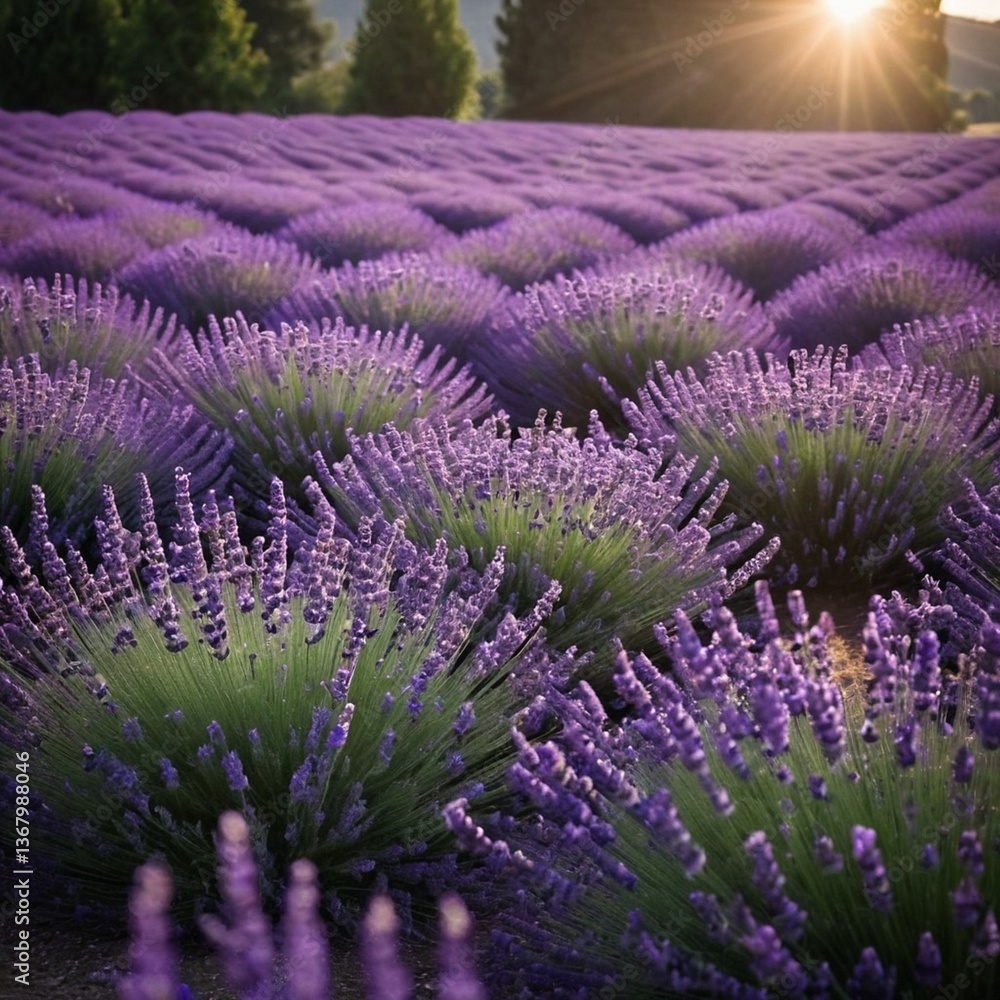 Naklejka premium Lavender field in full bloom at sunrise, with rows of vibrant purple flowers leading to the horizon. Sunlight gently illuminates the scene, creating a peaceful atmosphere.