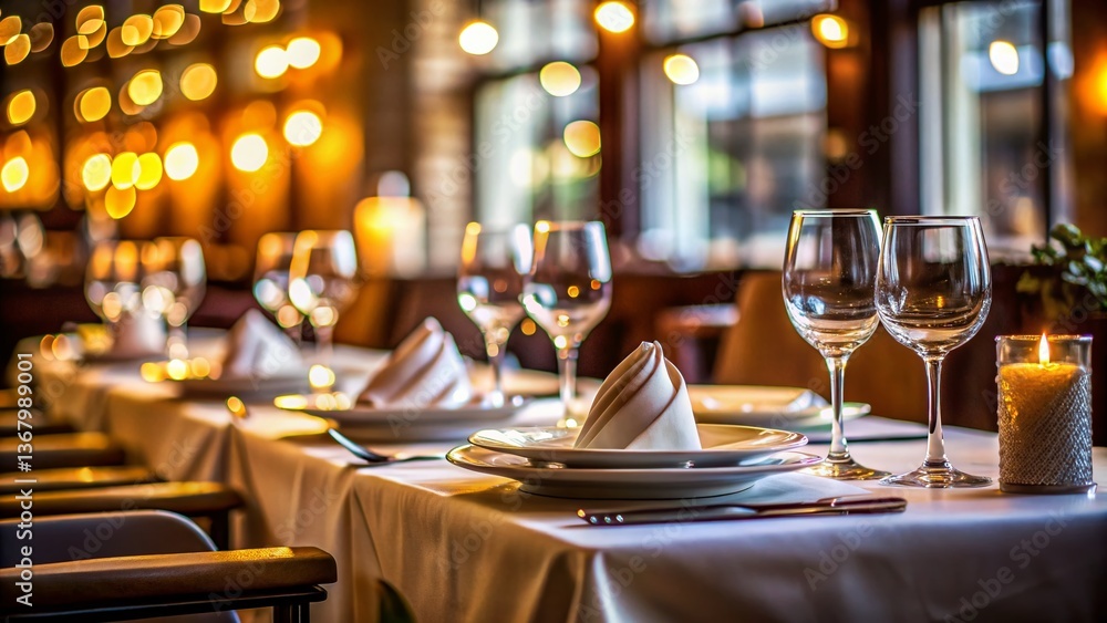 Restaurant Table Setting: Crisp Linen, Gleaming Cutlery, High Depth of Field Stock Photo Restaurant Table Setting: Crisp Linen, Gleaming Cutlery, High Depth of Field Stock Photo