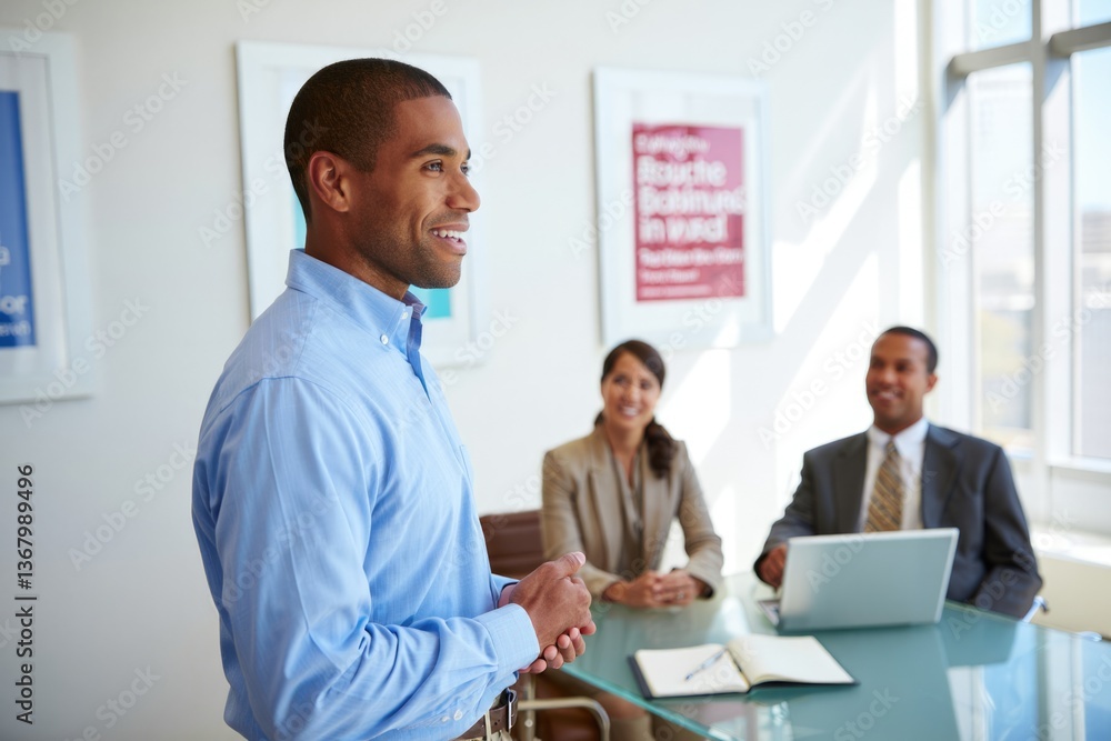 African male leading business meeting in modern office with colleagues African male leading business meeting in modern office with colleagues
