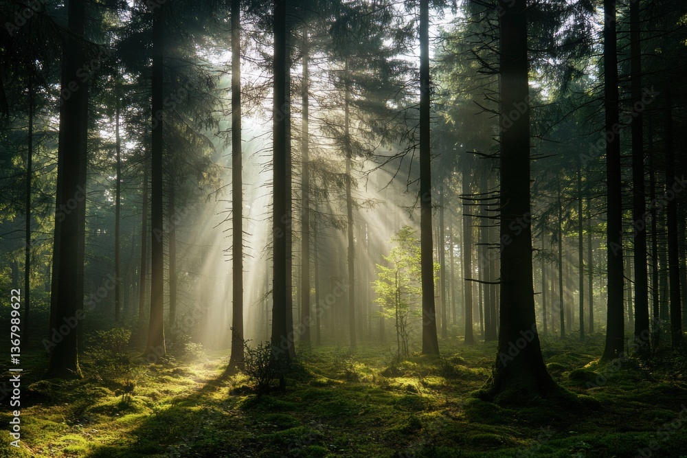 Fototapeta premium Magical forest with sun rays streaming through tall trees