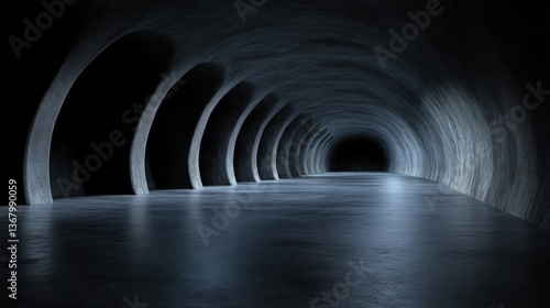 Dark, arched tunnel interior.  Concrete, smooth, futuristic,  illuminated