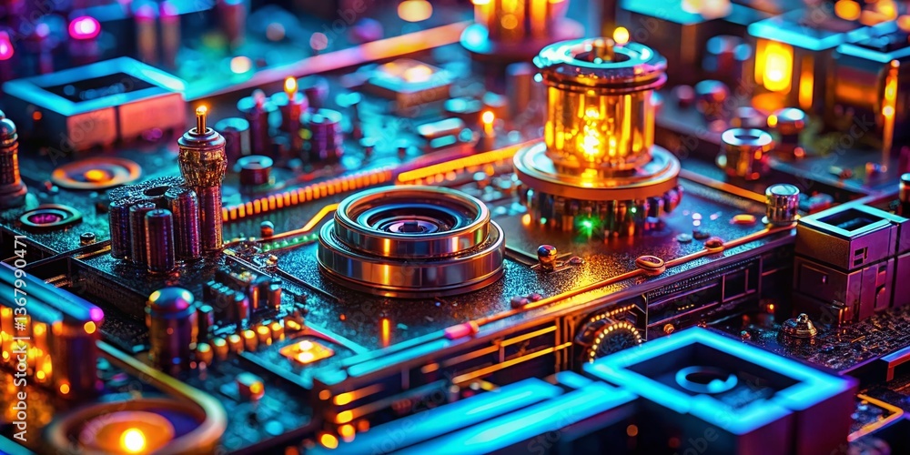 Retro Futuristic Macro Photography: Close-up of Glowing Circuitry and Mechanical Details Retro Futuristic Macro Photography: Close-up of Glowing Circuitry and Mechanical Details