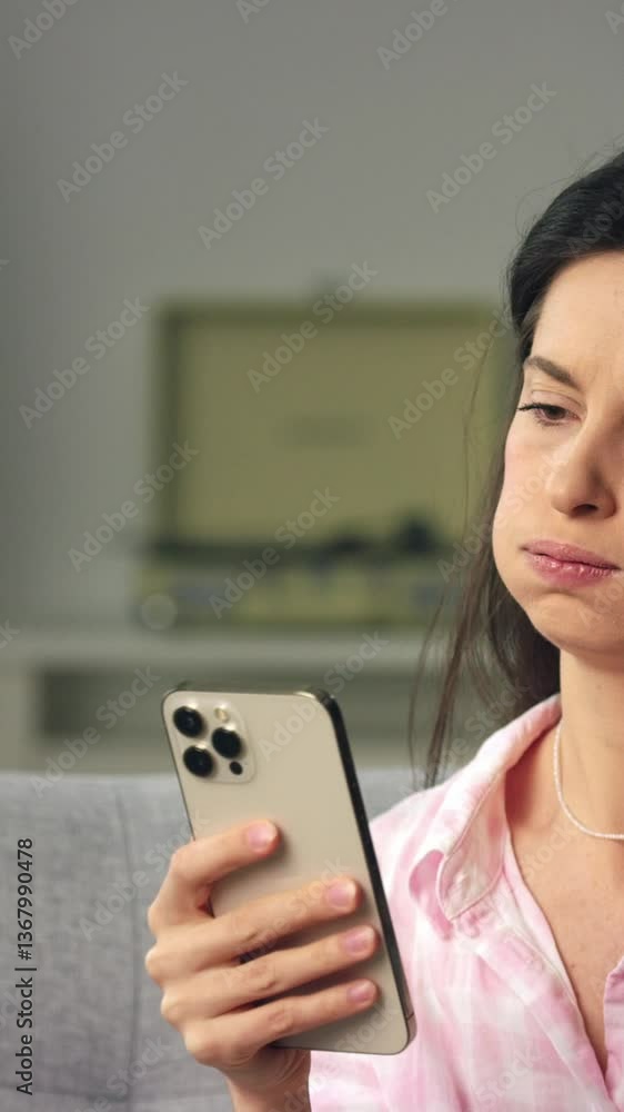 Young woman showing concern and frustration while reading on her smartphone, sitting on a gray couch in a cozy living room. 4K video, slow motion, 50 fps Young woman showing concern and frustration while reading on her smartphone, sitting on a gray couch in a cozy living room. 4K video, slow motion, 50 fps