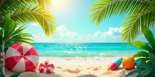 Fototapeta Naklejka Na Ścianę i Meble -  A vibrant summer background with colorful beach elements and palm leaves, tropical, palm