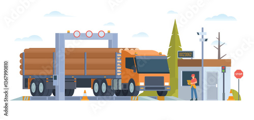 Weigh Station with Logging Truck and Officer Inspection. Flat Vector Illustration. Weighing control platform